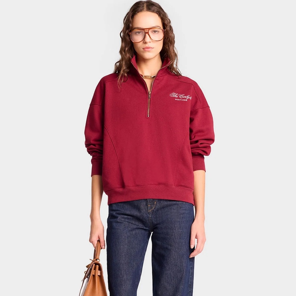 SPORTY & RICH The Carlyle Script Quarter Zip Merlot White Sweat NWOT M $195